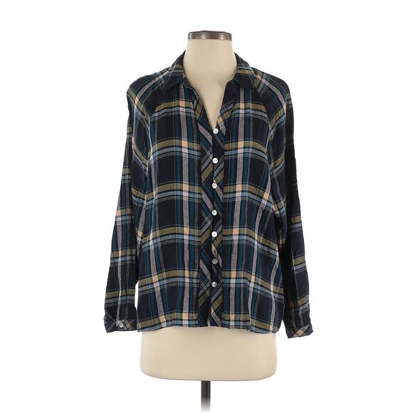 J.Jill Brushed Cotton Modal Blend Bias Trim Plaids Blue Button up Shirt M - Picture 1 of 12